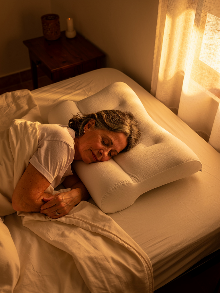 Mujer mayor durmiendo serena de lado sobre la almohada ComfortSleep