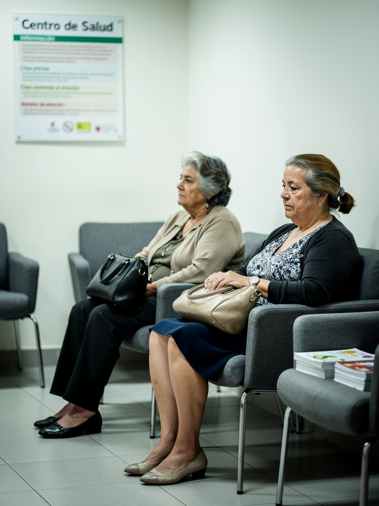 Sala de espera de centro de salud público español con mujeres mayores esperando
