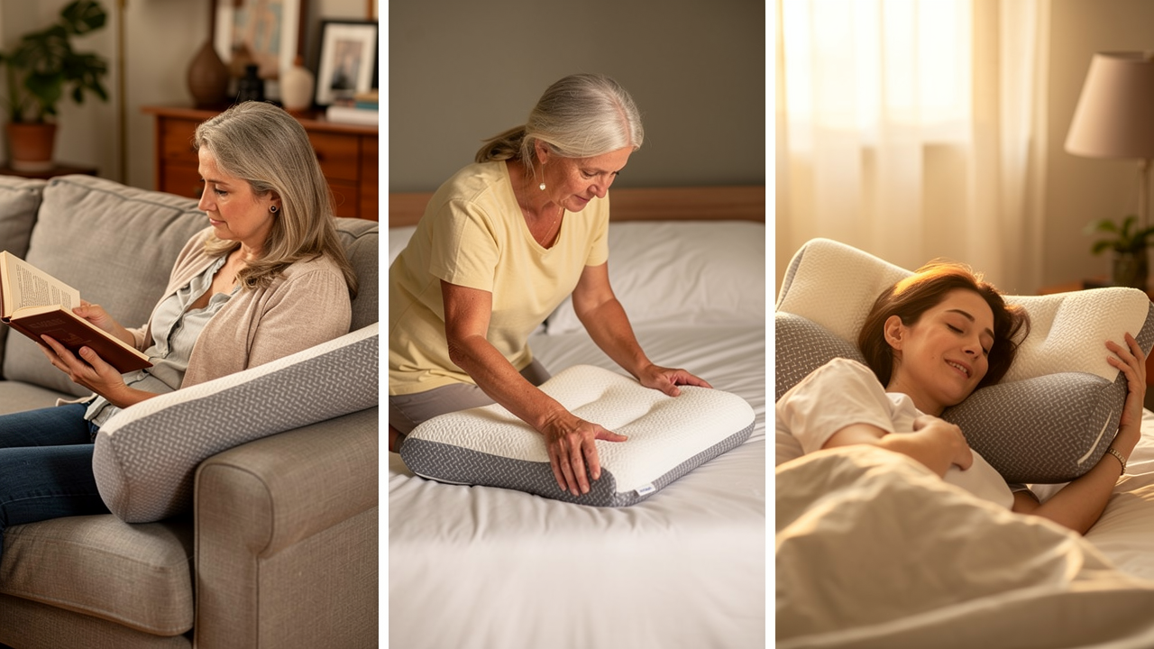 Mosaico de tres mujeres mayores españolas usando la almohada