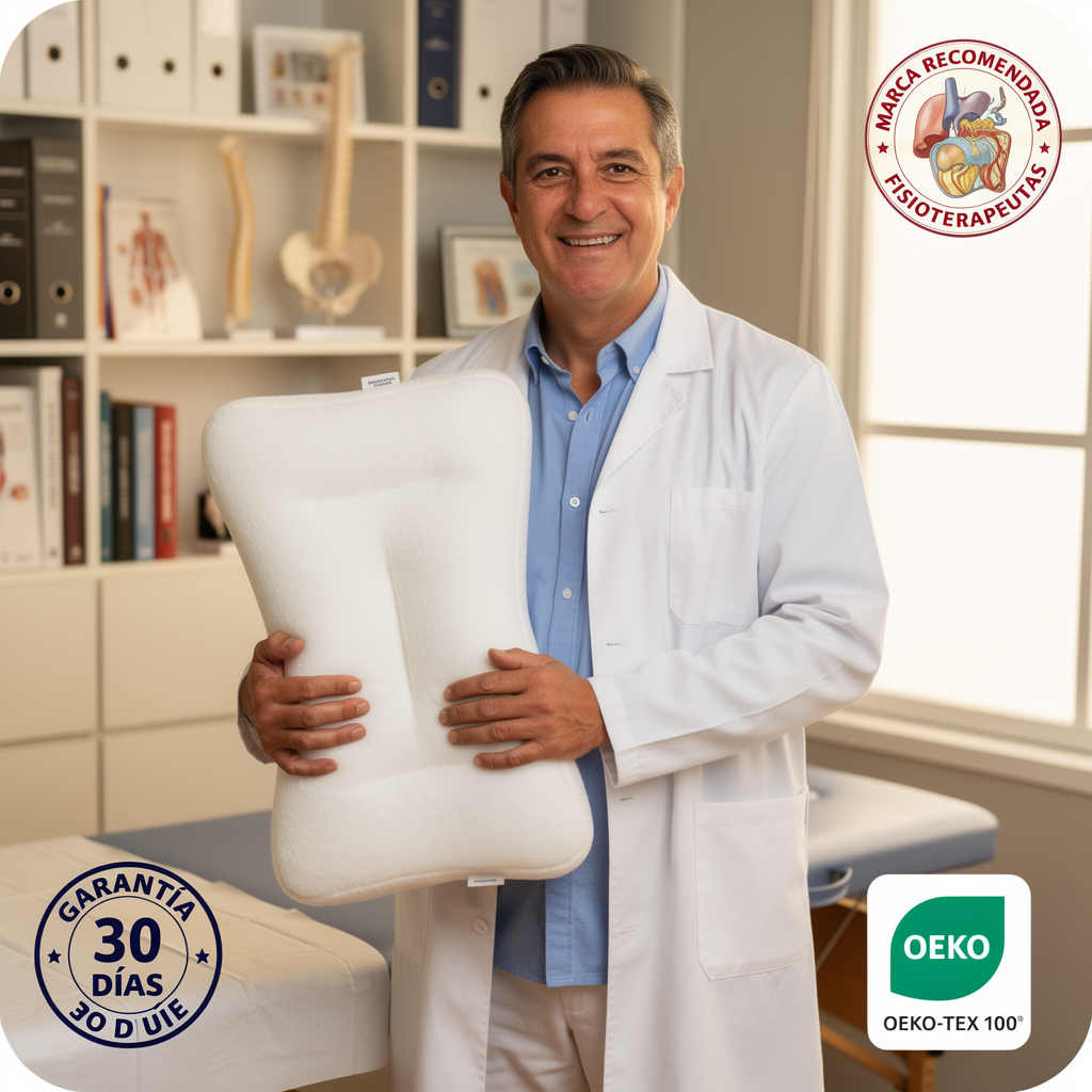 FISIOTERAPEUTA ESPAÑOL CON BATA SOSTENIENDO COMFORTSLEEP