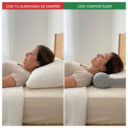 Comparacion identica: con tu almohada la barbilla al pecho; con ComfortSleep el cuello sostenido