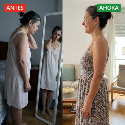 Antes y ahora de perfil: encorvada con la curva marcada frente a erguida y recta con ComfortSleep