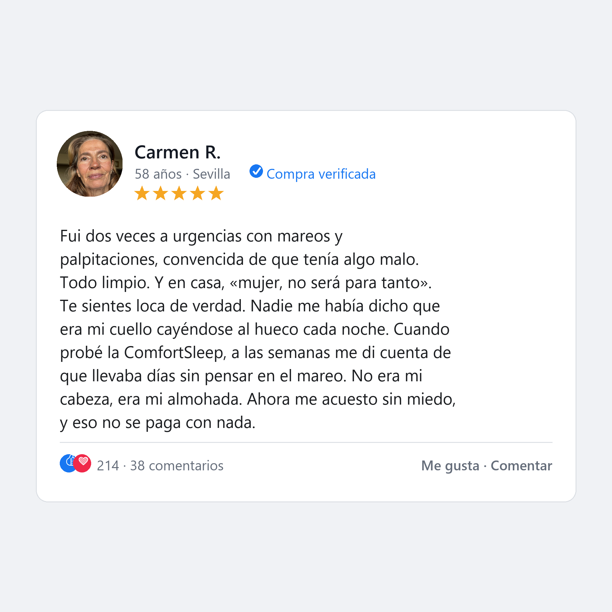 Review de Carmen, 58 años, Sevilla: mareos y pruebas limpias hasta descubrir que era su almohada
