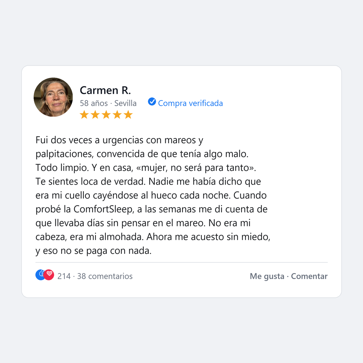 Review de Carmen, 58 años, Sevilla: mareos y pruebas limpias hasta descubrir que era su almohada