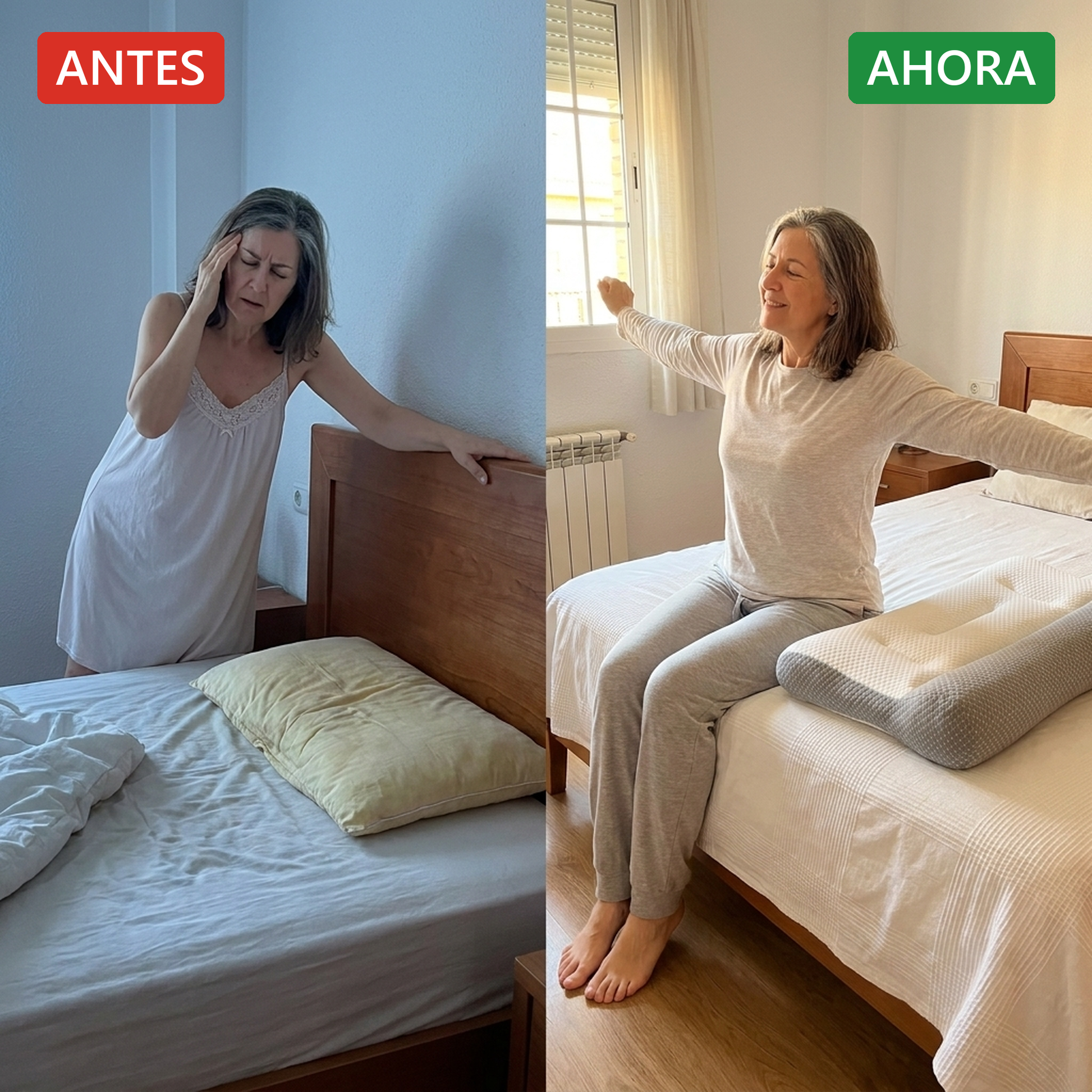 Antes y ahora: madrugada con mareo agarrada al cabecero frente a mañana estable y despejada con ComfortSleep