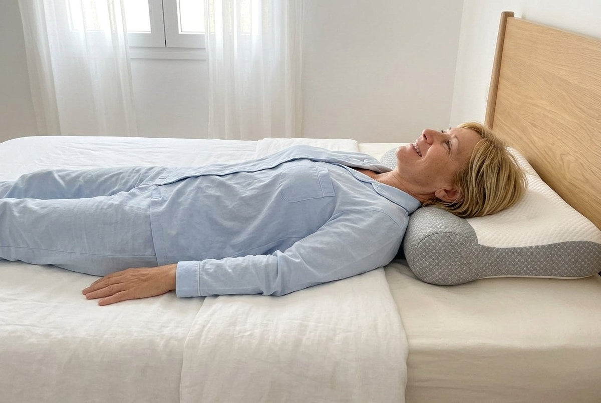 Despertarse boca arriba con el cuello apoyado en el reborde gris de la almohada ComfortSleep