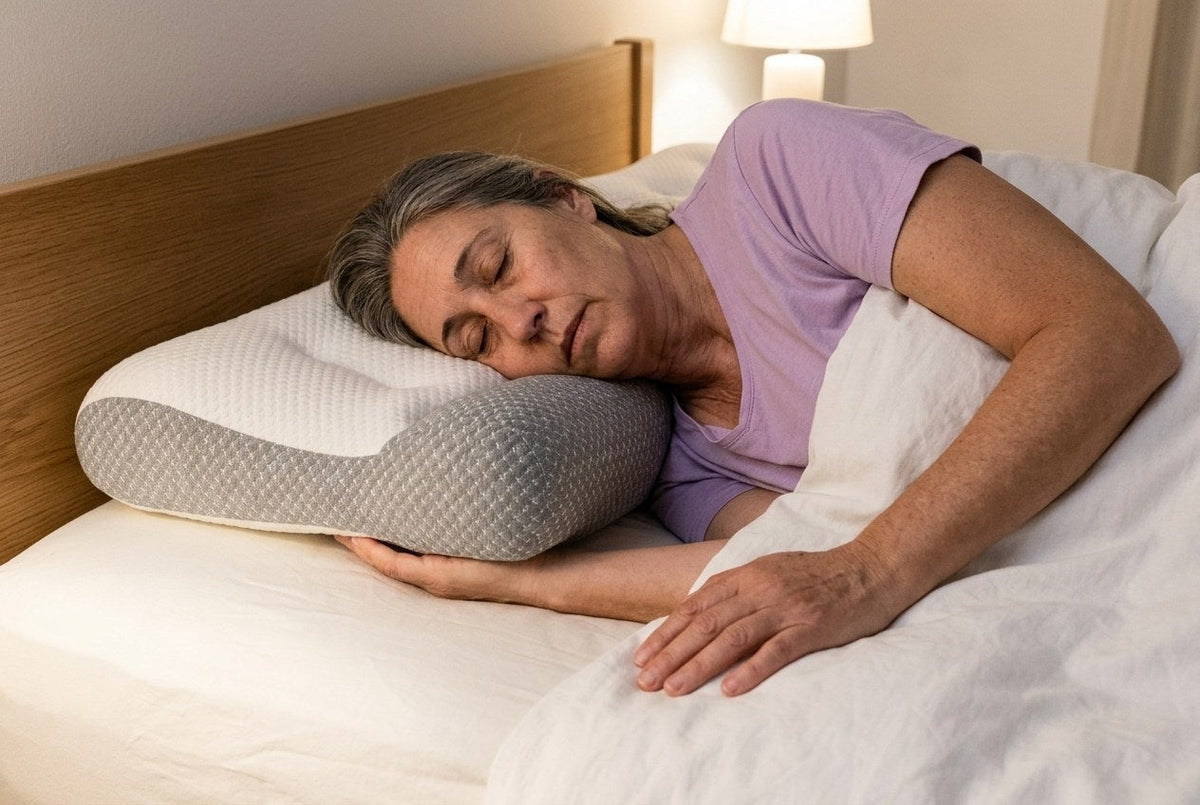 Dormir de lado con el cuello apoyado en el reborde gris de la almohada ComfortSleep