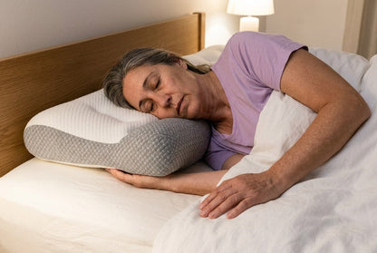 Dormir de lado con el cuello apoyado en el reborde gris de la almohada ComfortSleep