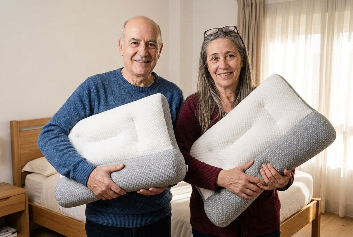 Pareja de unos sesenta años, cada uno con su almohada ComfortSleep: la oferta de una y la segunda gratis
