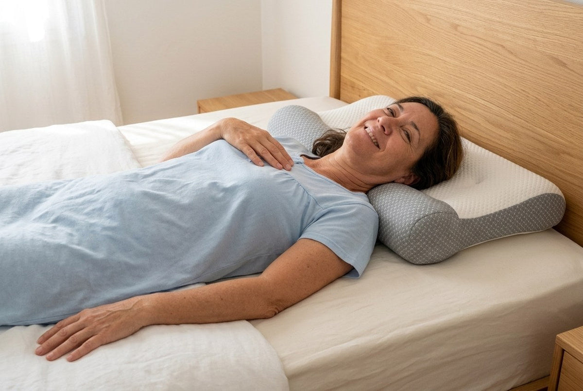 Mujer de 58 años despertándose boca arriba con el cuello apoyado en el reborde gris de su almohada ComfortSleep