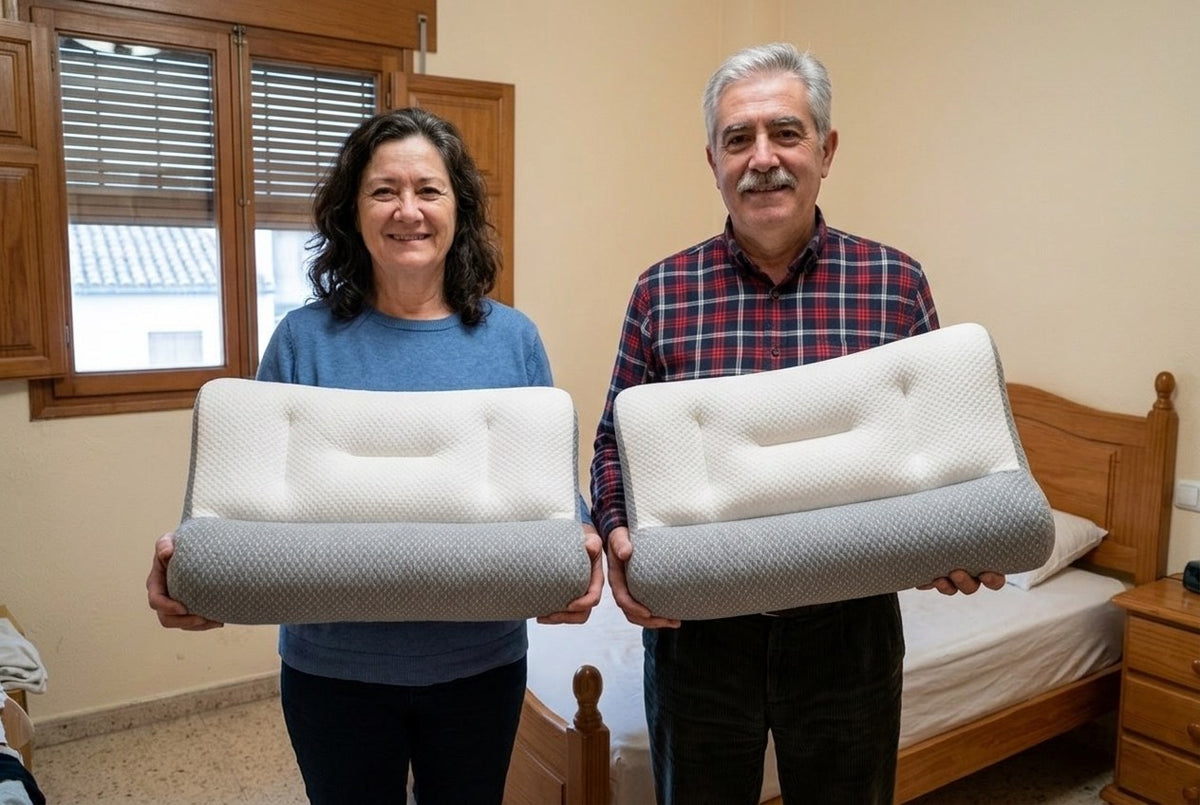Matrimonio de unos sesenta años en su dormitorio, cada uno con su almohada ComfortSleep: la oferta de una y la segunda gratis