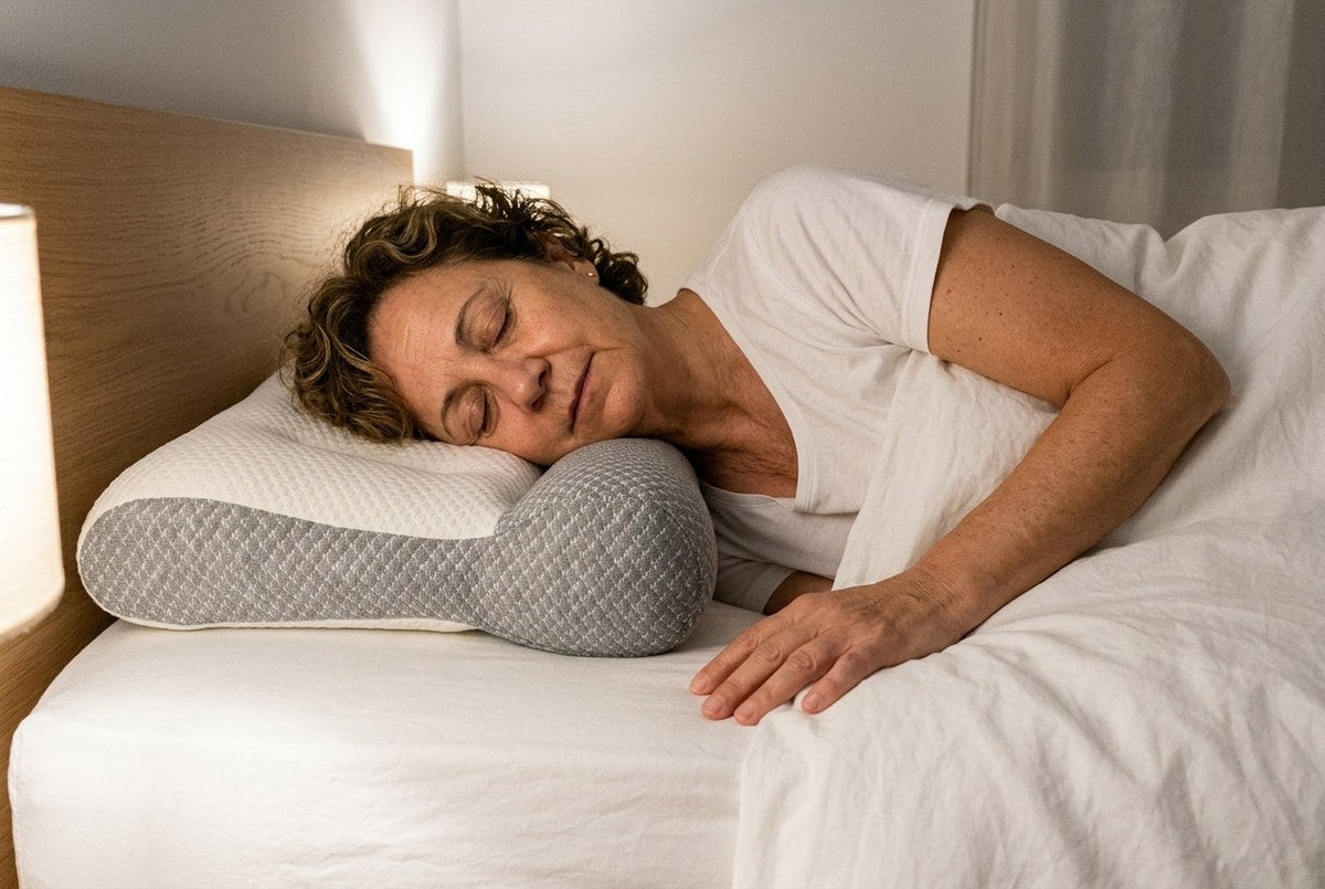 Dormir de lado con el cuello apoyado en el reborde gris de la almohada ComfortSleep