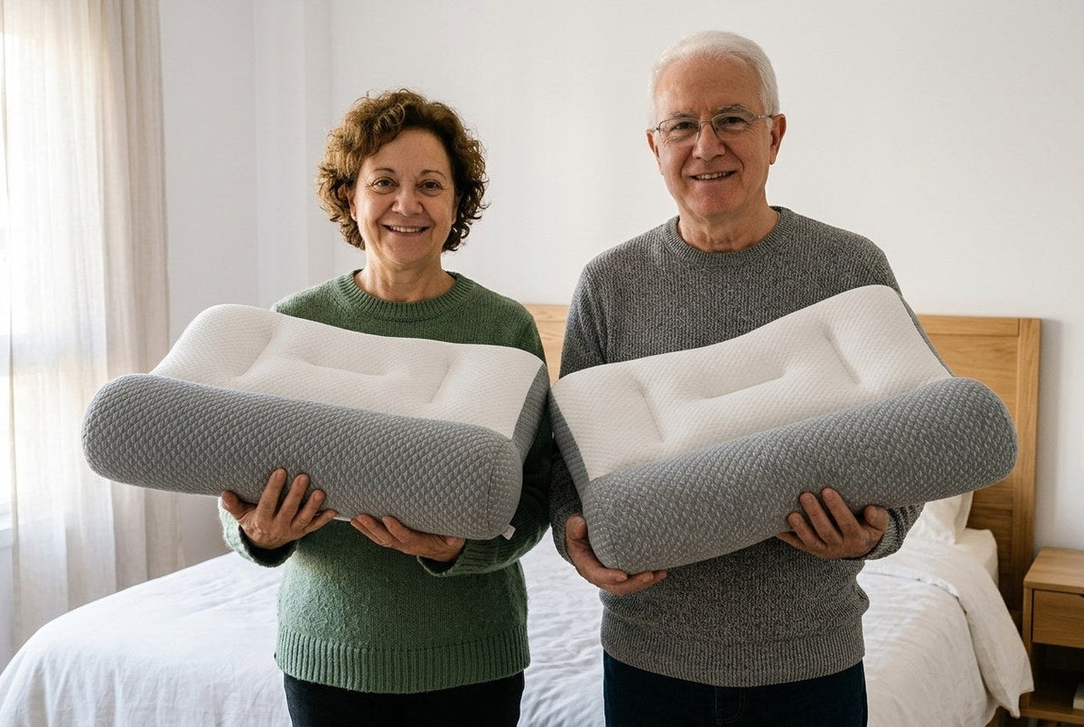 Pareja de unos sesenta años, cada uno con su almohada ComfortSleep: la oferta de una y la segunda gratis