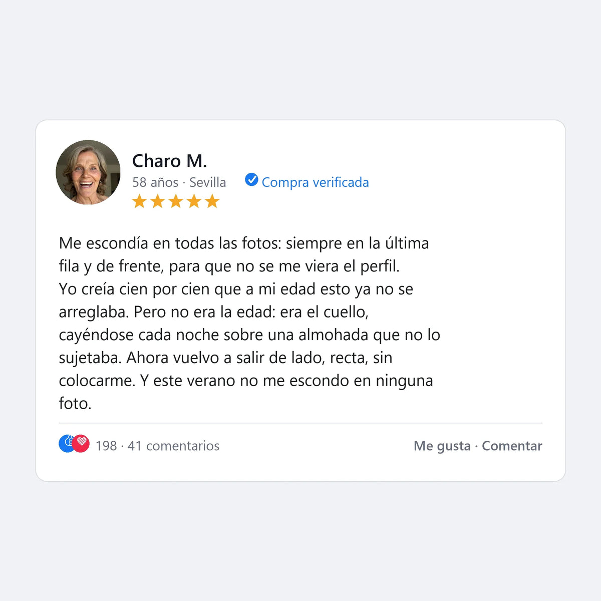Reseña verificada de una clienta de 58 años sobre su perfil y su cuello