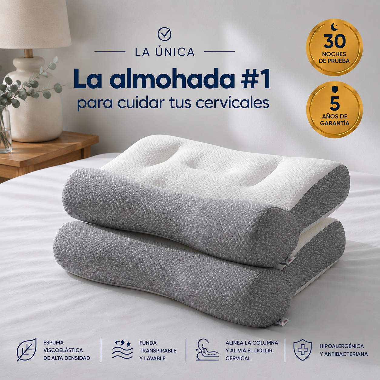 2 x ComfortSleep Original™ - La almohada que elimina el dolor de cuello en 7 noches gracias a su reborde frontal. (Incluye fundas GRATIS). *(Descansaras mejor o te devolvemos cada euro).
