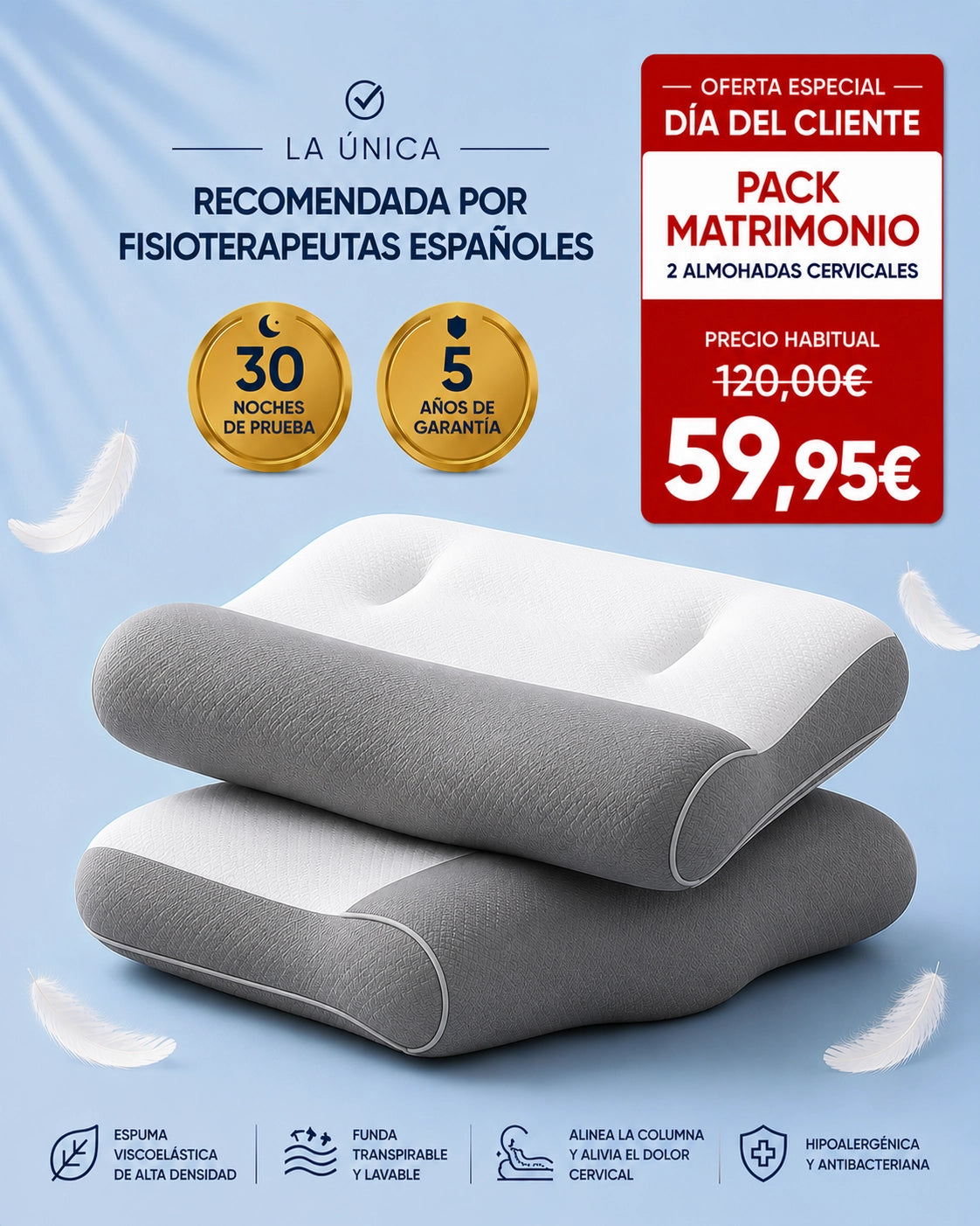 PACK MATRIMONIO | 2 x ComfortSleep V4™ - La única almohada con reborde frontal para eliminar la rigidez cervical nocturna. (Incluye fundas GRATIS + 30 noches de prueba) *Medidas: 8x45x80cm p