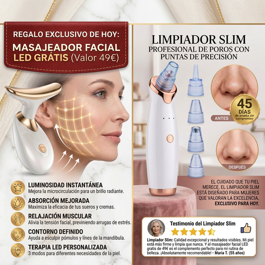 Limpiador Slim™ | Elimina los tóxicos y anti-estéticos puntos negros de tu nariz desde la primera pasada. Efecto rejuvecenedor justificado por más de 23.523 clientas. (Hoy incluye 4 cabezales + Masajeador Facial LED GRATIS)