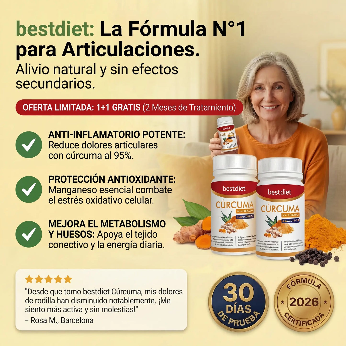 1 + 1 GRATIS | Bestdiet Cúrcuma MG™ - El remedio natural para eliminar la inflamación y dolor articular al completo. Avalado por más de 1000 estudios. (Nueva formulación 2026 con Manganeso para cuidar los huesos). 30 capsulas por bote.