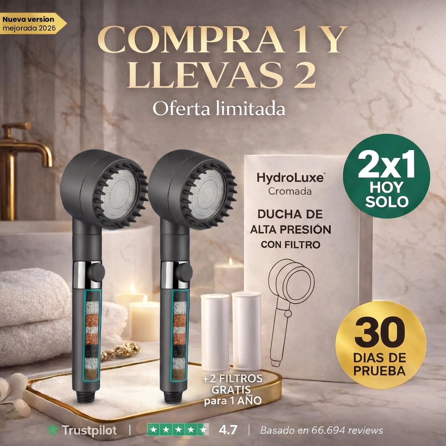 2 x HYDROLUXE ORIGINAL™ - La única ducha que elimina la piel seca y la caida del cabello al 100% gracias a su filtro de 14 capas  (Incluye dos filtros GRATIS) l.e