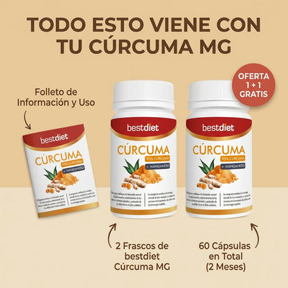 1 + 1 GRATIS | Bestdiet Cúrcuma MG™ - El remedio natural para eliminar la inflamación y dolor articular al completo. Avalado por más de 1000 estudios. (Nueva formulación 2026 con Manganeso para cuidar los huesos). 30 capsulas por bote.