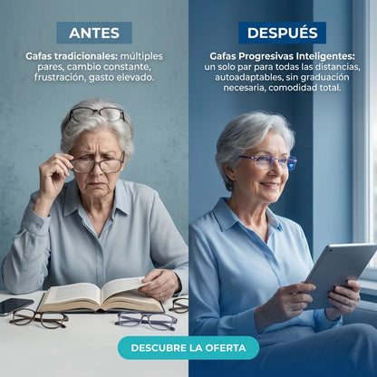 Gafas Blu Progresivas Inteligentes™ - Visión de cerca, intermedia y lejos en una sola gafa (No necesita graduación, incluye funda de cuero y PRUEBA GARANTIZADA de 30 DÍAS) l.p