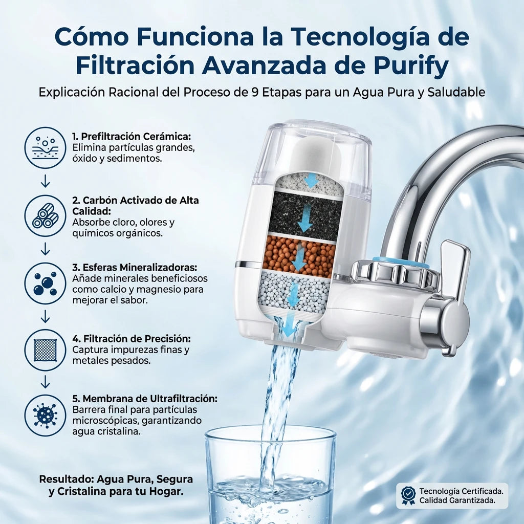 Purify Original™ - Asegurate que el agua que usa diariamente esta libre de químicos e impurezas. (El filtro incluido GRATIS cubre 6 meses completo + Instalación universal para cualquier grifo)