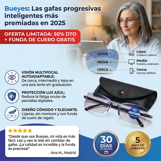 Blueyes™ - Las únicas gafas con tecnologia V3 que se adapta a tu ojo para ver de cerca media y larga distandia sin gastar una fortuna. (SOLO HOY FUNDA DE CUERO GRATIS). l.e
