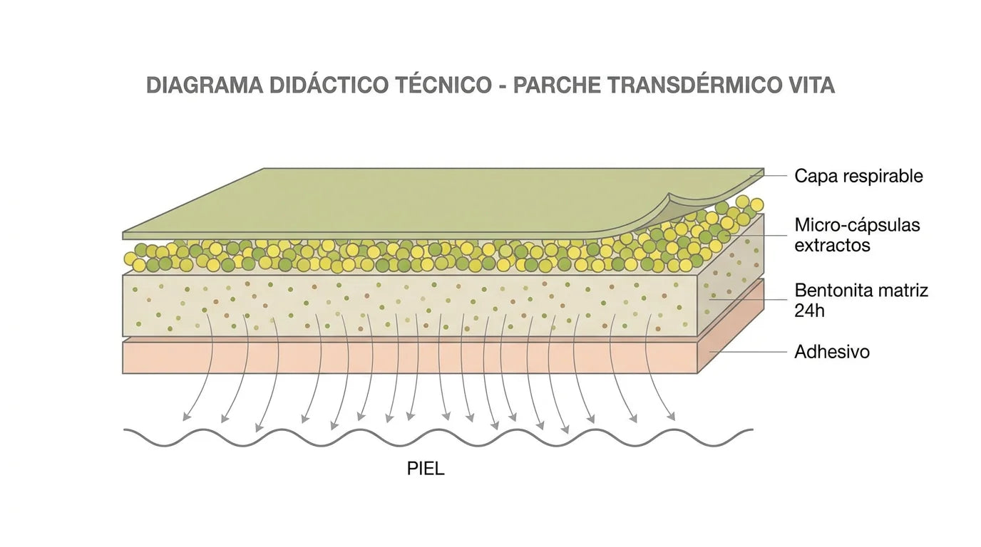 Diagrama capas internas del parche transdérmico VITA con bentonita y extractos