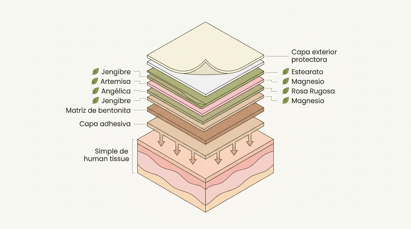 Diagrama sección transversal de las capas internas del parche con los 6 extractos