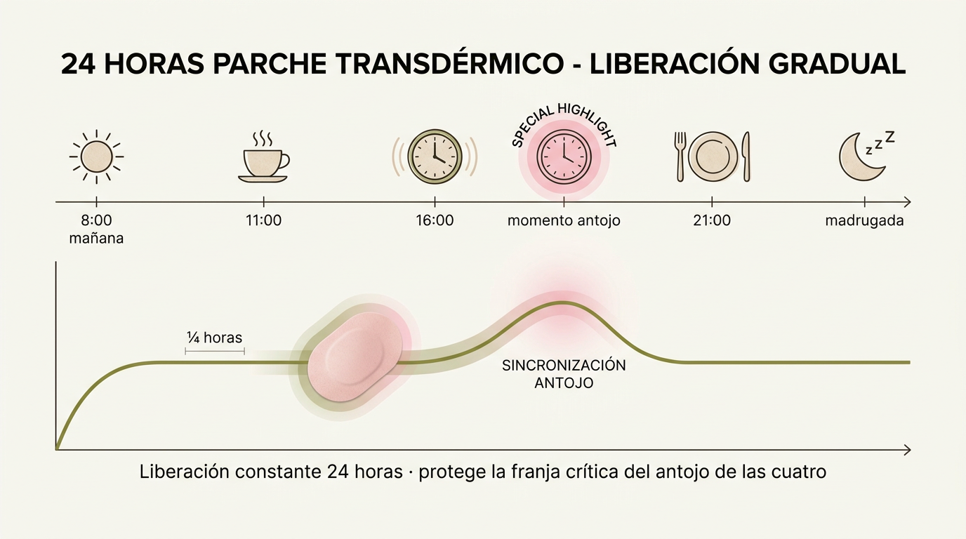Timeline 24 horas de liberación gradual del parche con foco en las 4 de la tarde