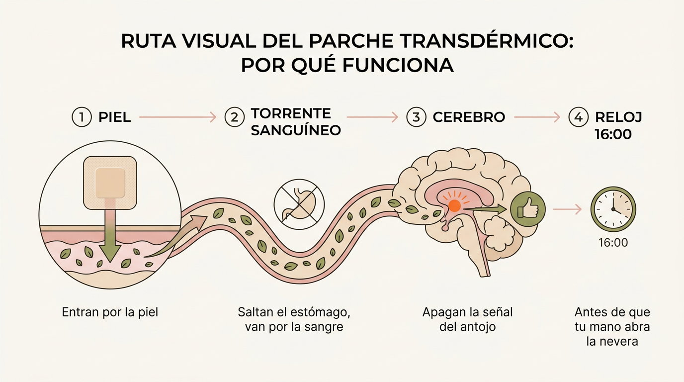 Diagrama de la ruta del parche desde la piel hasta el cerebro · por qué funciona