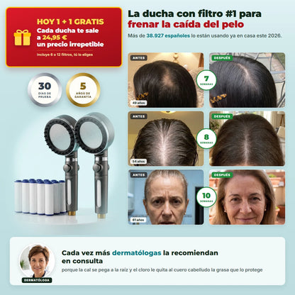 HydroLuxe: la ducha con filtro #1 para frenar la caída del pelo · hoy 1 + 1 gratis, cada ducha te sale a 24,95 € · incluye 6 o 12 filtros