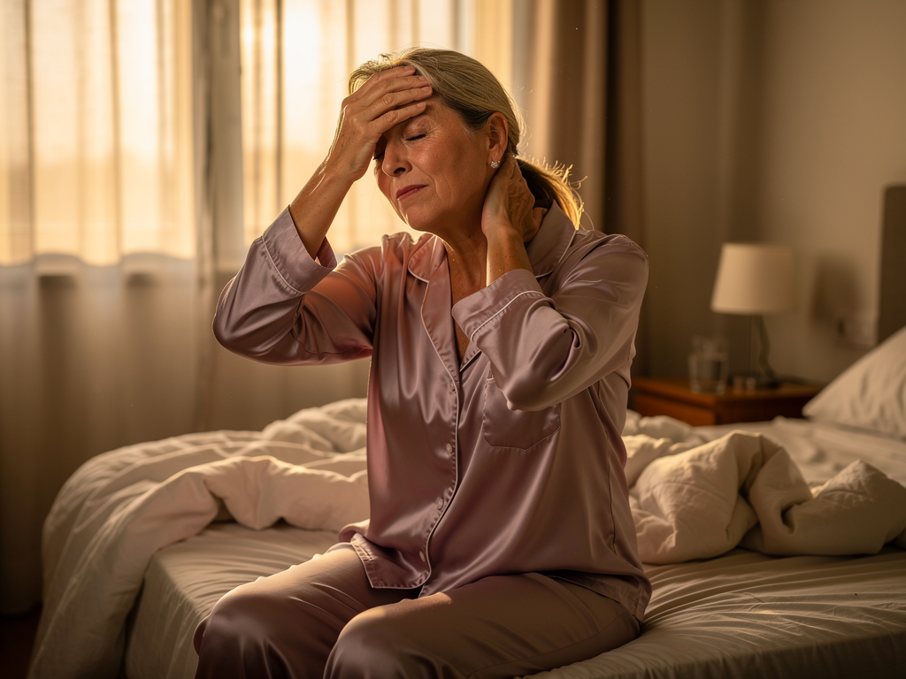Mujer de 62 años sentada en el borde de la cama recién despertada, las dos manos en la nuca, gesto de dolor cervical matinal. Luz natural fría de ventana de dormitorio español. Encima del cabecero se