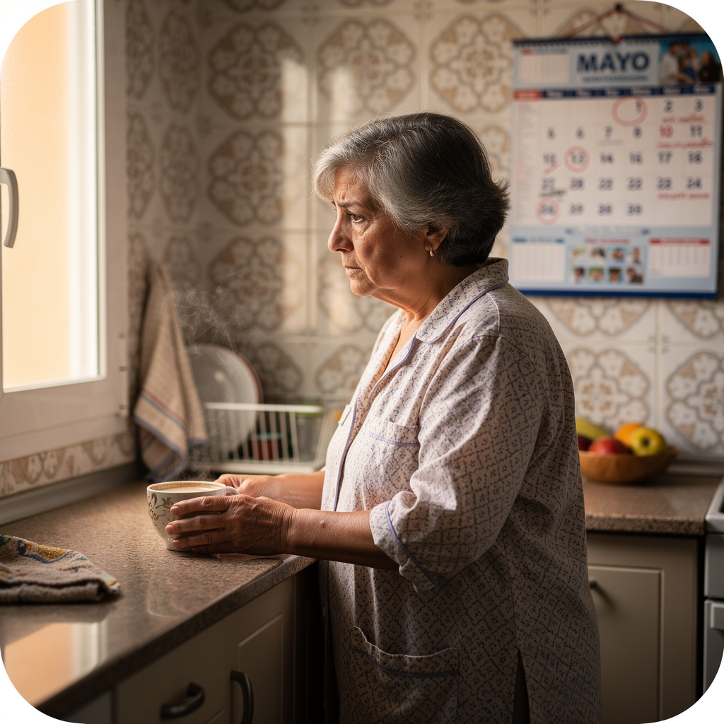 PILAR CON UNA TAZA, POR LA MAÑANA EN ALBACETE