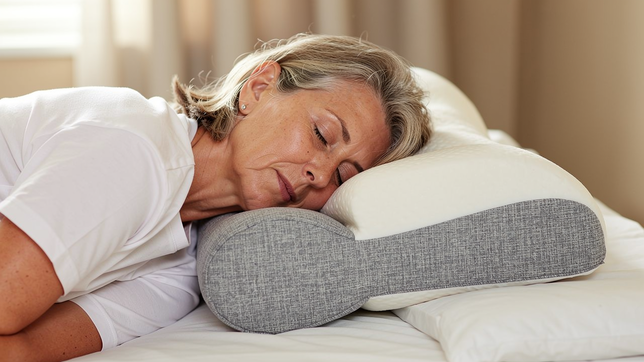 Persona durmiendo de lado sobre almohada cervical con lados elevados y columna en linea recta