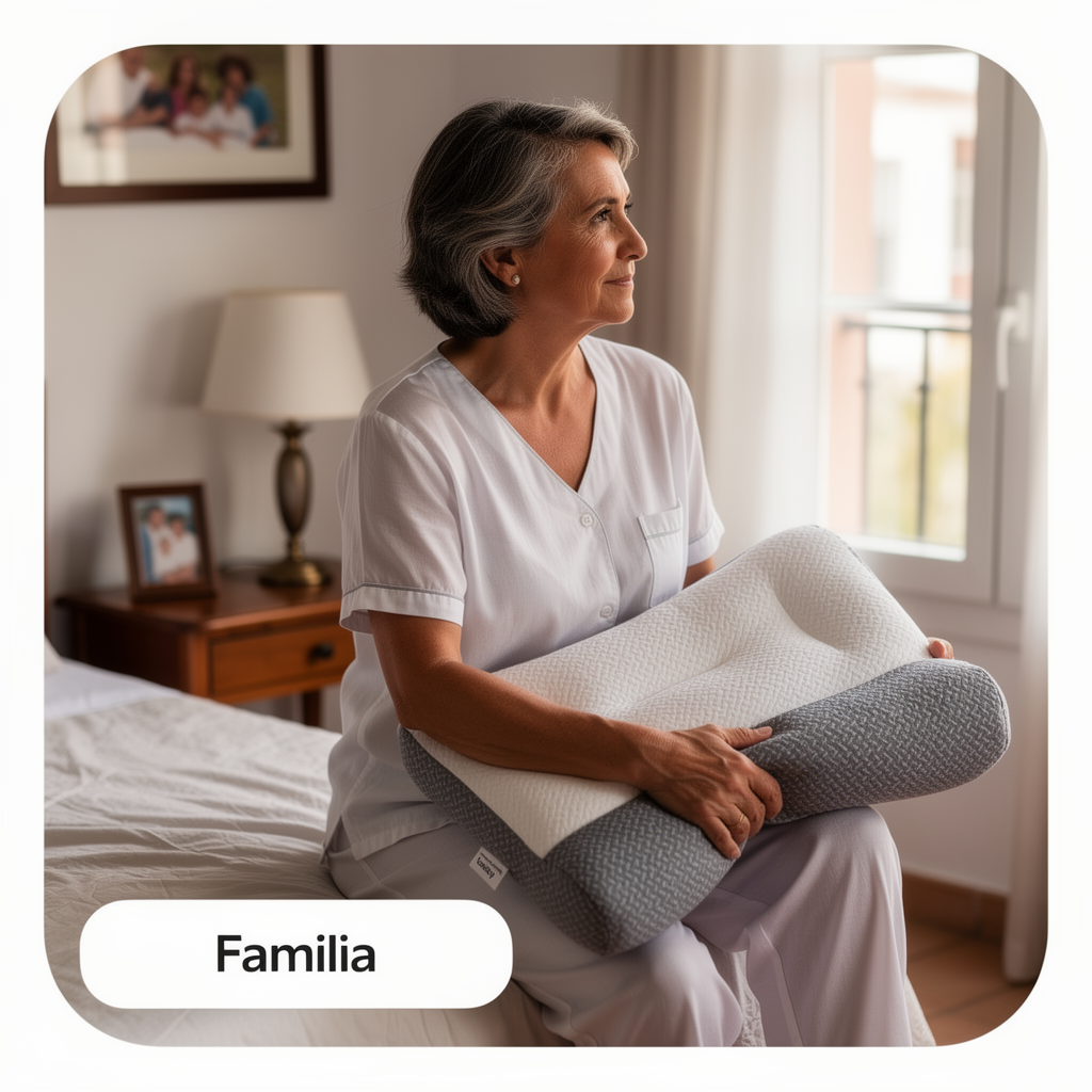 MUJER 55 SENTADA CON LA ALMOHADA EN CAMA