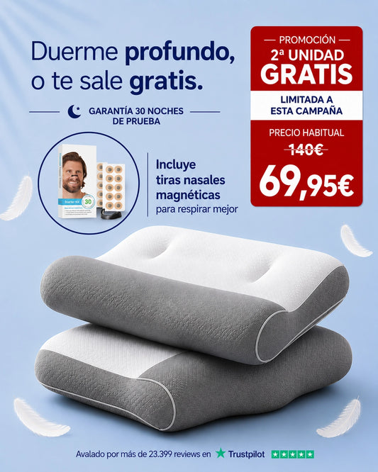 2 x ComfortSleep Original™ - La única almohada con reborde frontal para eliminar la rigidez cervical nocturna. (Incluye 30 tiras nasales magnéticas + fundas + 30 noches de prueba)