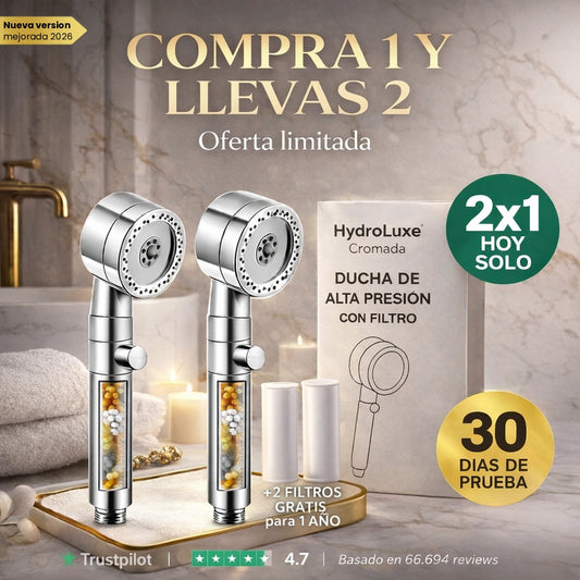 1 + 1 GRATIS | Ducha ORIGINAL HYDROLUXE CROMADA™ - La única ducha del mercado con 240 micro-orificios que triplica tu presión estandar. (Incluye 2 filtros extra de REGALO para cubrir 1 año) *Instalación fácil y universal