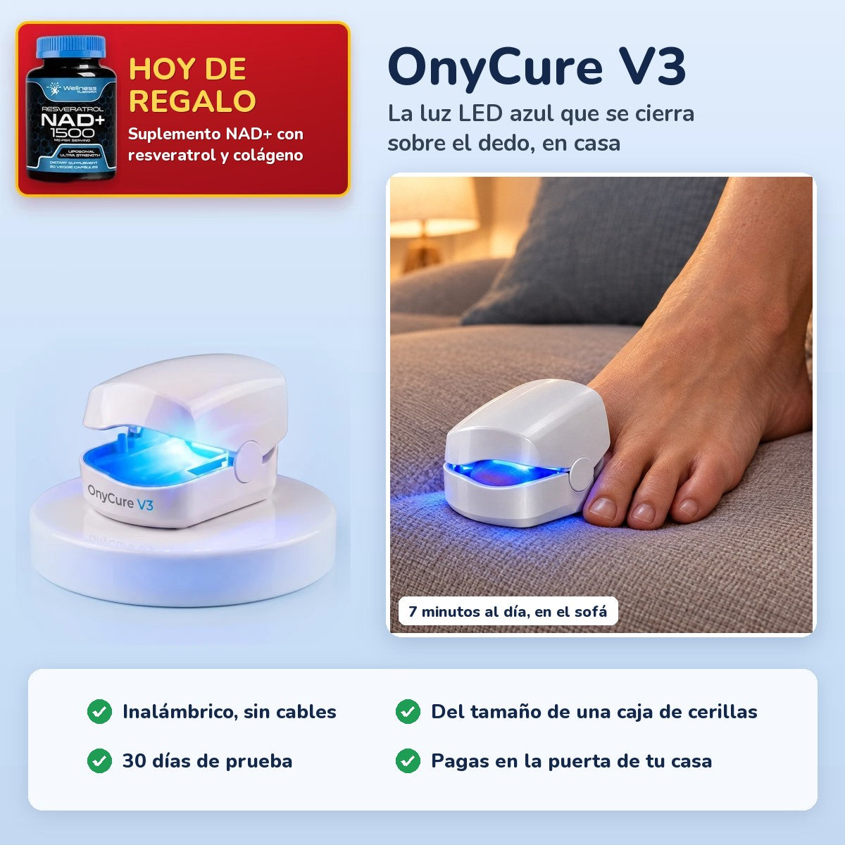 OnyCure V3, la luz LED azul que se cierra sobre el dedo, con el suplemento NAD+ de regalo
