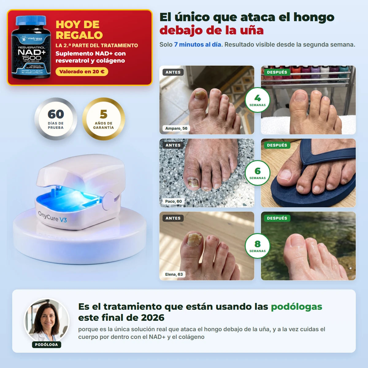 OnyCure V3: el único que ataca el hongo debajo de la uña, solo 7 minutos al día · hoy de regalo el suplemento NAD+ con resveratrol y colágeno