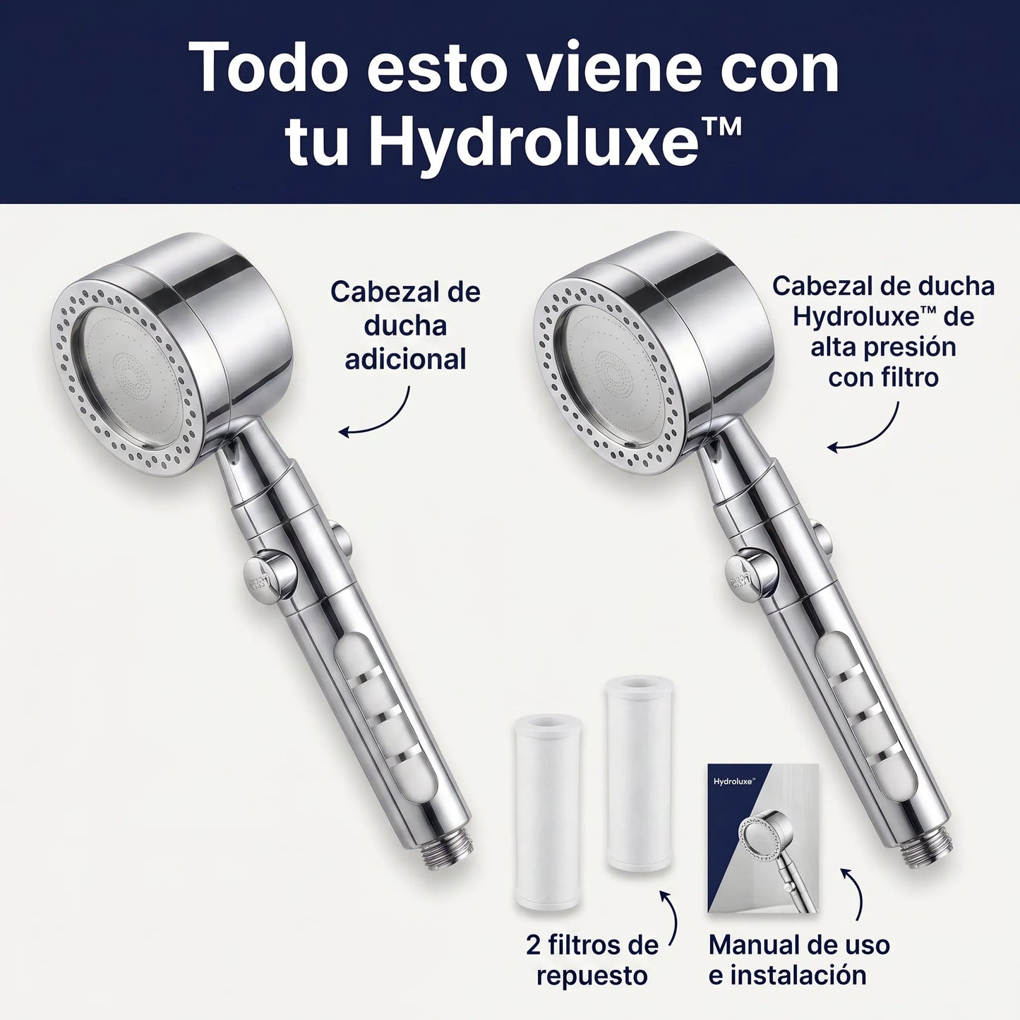 1 + 1 GRATIS | Ducha ORIGINAL HYDROLUXE Cromada™ - La única ducha del mercado que ELIMINA la cal y el claro al 99% para una ducha sin toxicos (Hoy Incluye 2 filtros extras GRATIS para cubrir 1 año) *Instalación fácil y universal