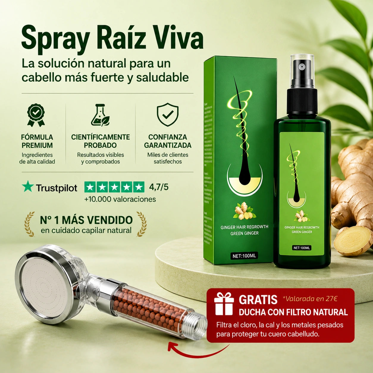 Spray Raíz Viva™· El primer spray natural que recupera tu melena sin injertos costosos. Resultados visibles desde los 9 primeros días (HOY REGALO ducha con filtro que evita el daño capilar GRATIS).