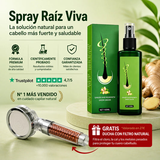 Spray Raíz Viva™· El primer spray natural que te devuelve tu densidad capilar, eliminando parches y cabello débil. Resultados visibles desde los 9 primeros días (HOY REGALO ducha con filtro que evita el daño capilar GRATIS).