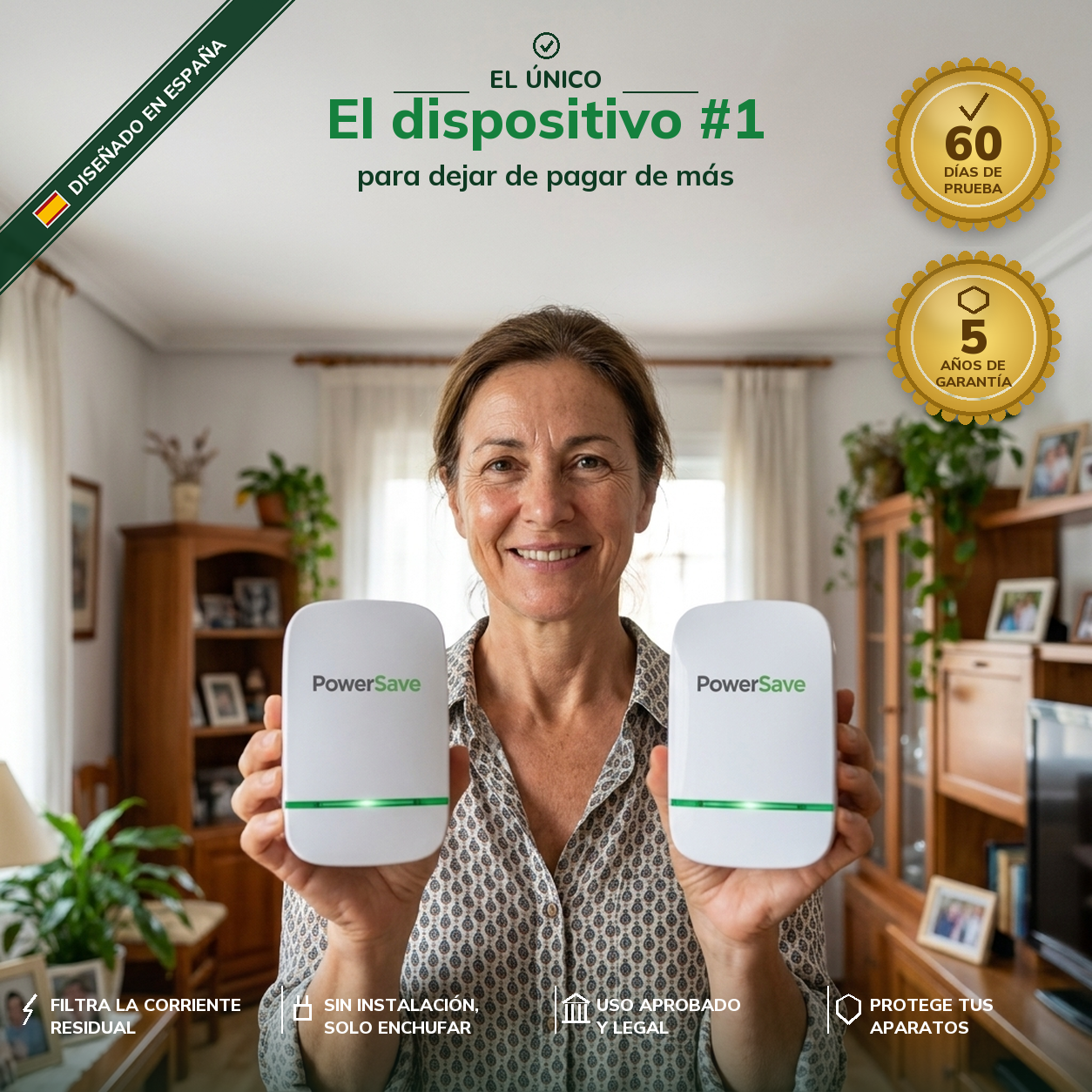 2 x Dispositivo PowerSave™ – Baja tu factura al menos un 27% el primer mes y deja de pagar de más. (El pack doble es el mínimo para un piso normal de 2 personas, 90 m²). *(Lo notas en tu 1ª factura o te devolvemos cada euro). *Uso legal y aprobado