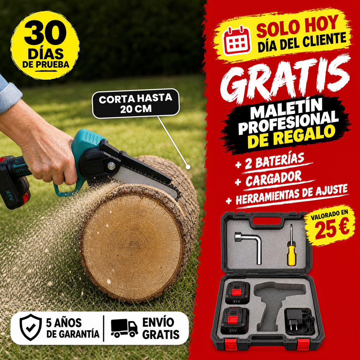 Power Saw cortando un tronco · hoy, día del cliente: maletín profesional de regalo con 2 baterías, cargador y herramientas de ajuste