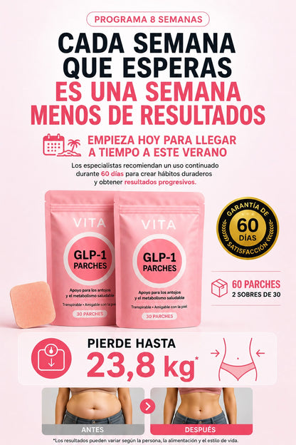 PROGRAMA 8 SEMANAS | 60 Parches VITA GLP-1 · El nuevo aliado discreto y natural para controlar tu cintura y piernas sin pasar hambre. Cambios desde los 7 primeros dias. (*Desarrollado por la nutricionista Elena Mirtires).