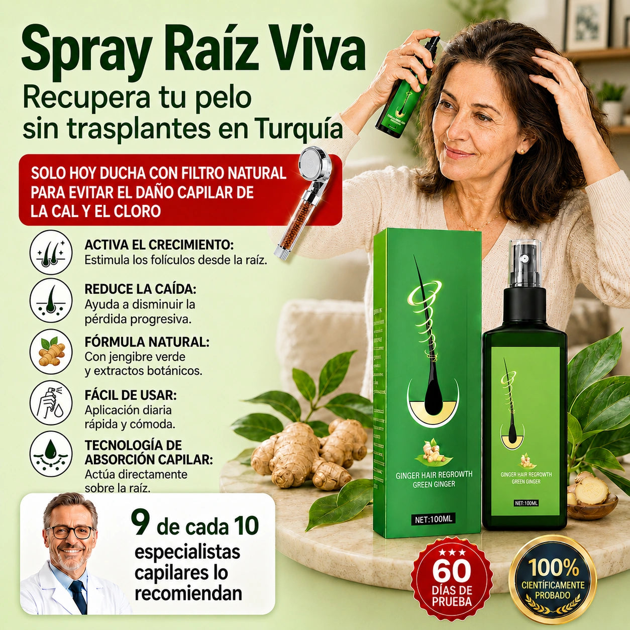 Spray Raíz Viva™· El primer spray natural que recupera tu melena sin injertos costosos. Resultados visibles desde los 9 primeros días (HOY REGALO ducha con filtro que evita el daño capilar GRATIS).