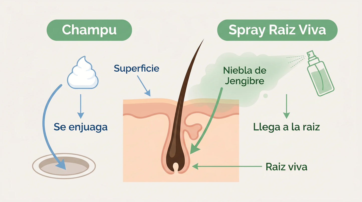 El champú se enjuaga; el Spray Raíz Viva llega a la raíz