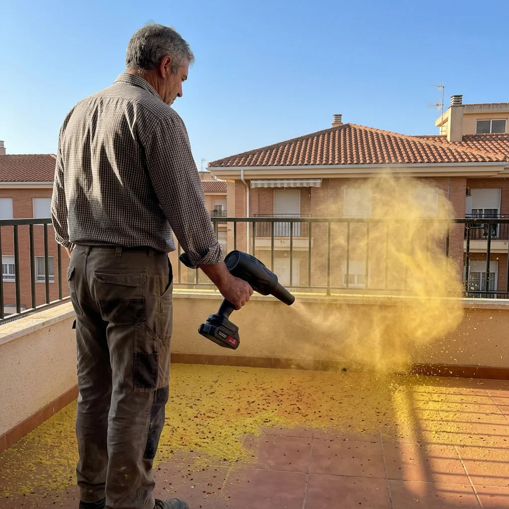 Turbojet limpiando terraza de polen y polvo del Sáhara