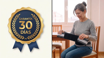 Garantía de 30 días de prueba: sello de garantía de 30 días junto a una clienta de 57 años sujetando en sus manos el cinturón pélvico Flexiback en su casa